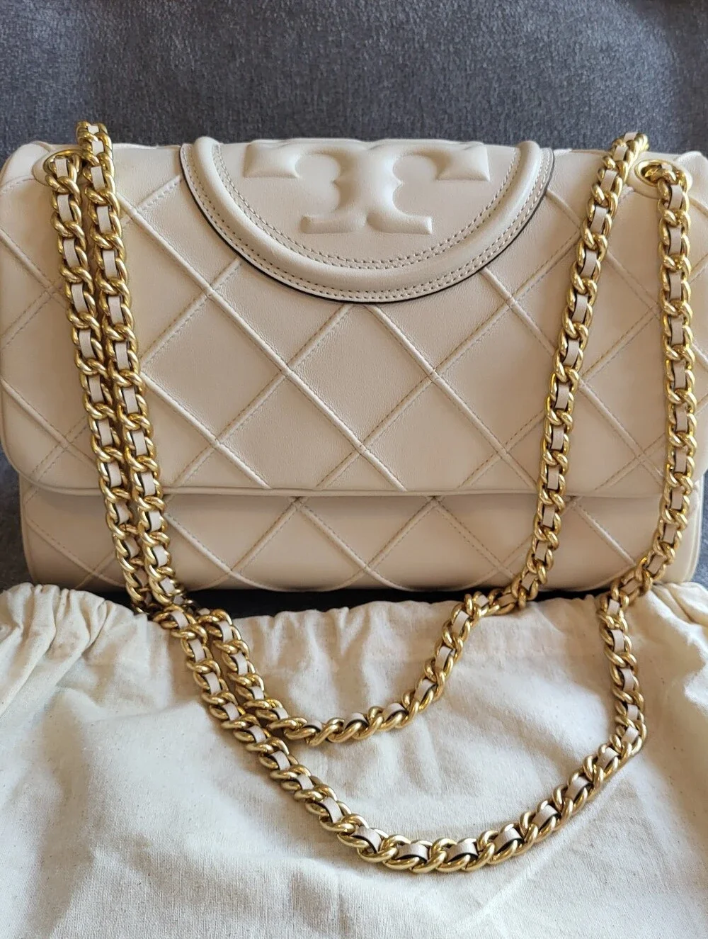 Tory Burch Fleming Cream Leather Convertible Shoulder Bag